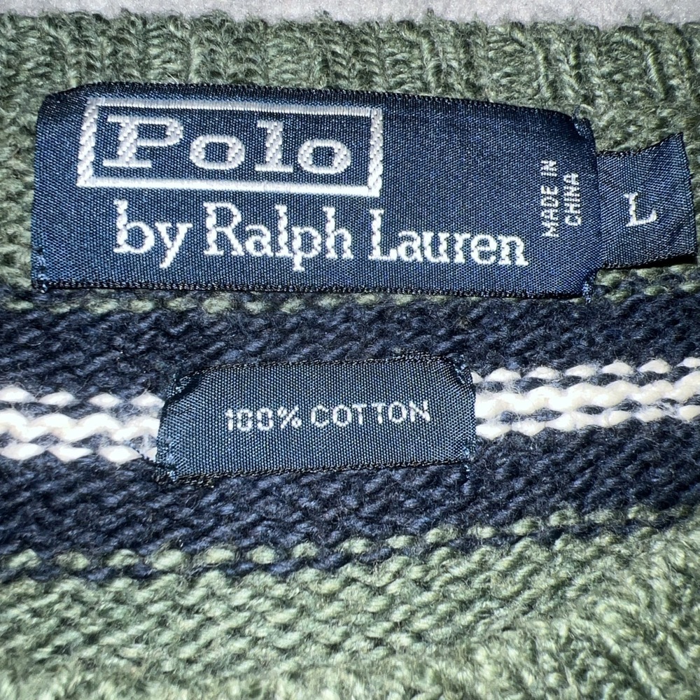 VTG Polo Ralph Lauren Sweater Men's Sz L Green Blue Striped White Pony Pullover - Picture 4 of 6